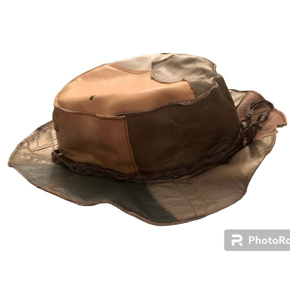 Vintage Genuine Leather Embellished Studded Patchwork Hat Brown Tan Green Cream - Picture 3 of 6